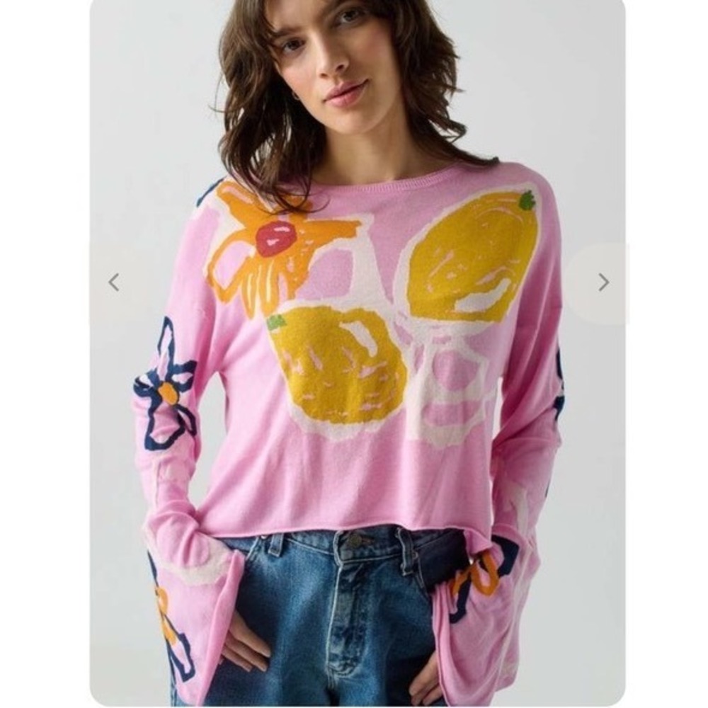 Lingua Franca Reina Crewneck Sweater Women S Pink EUC Lemon Floral Fruit Knit